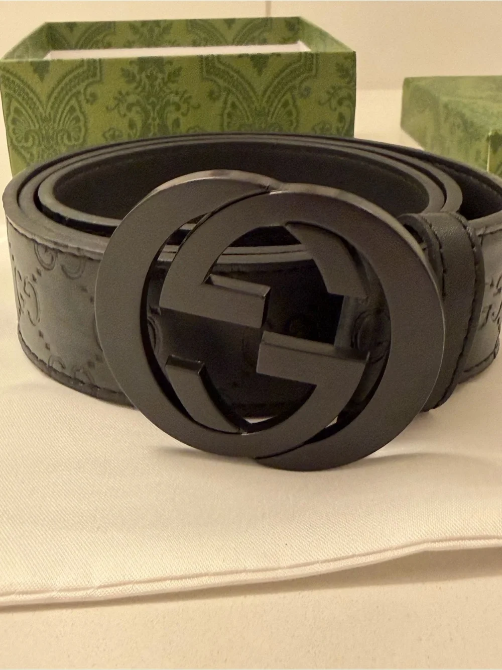 Gucci Black Embossed GG Leather Belt with Matte Black Double G Buckle